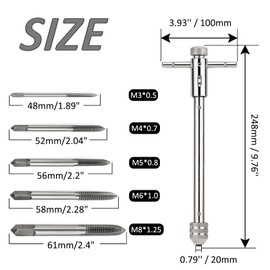 Saipor Adjustable T-Handle Ratchet Tap Holder Wrench (248mm/9.76'') with 5pcs M3-M8 Machine Screw Thread Metric Plug T-Shaped Tap Manual Thread Tapping Wrench Tool Set for Metal/Aluminum/Plastic/Wood