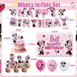 42pcs Minnie Party Supplies Pack Includes，Banner，Cake Topper，Blackdrop,Balloons for Minnie party decoration