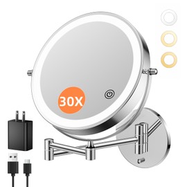 30X/1X Wall Mounted Lighted Makeup Mirror, 10'' Double Sided 4500mAh Rechargeable Magnifying Bathroom Mirror with Light, 3 Color Modes Touch Dimmable Extended Arm 360 Rotation with Adapter,Chrome