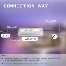 24V 80W LED Power Supply, Waterproof IP67 LED Driver, AC 110V to DC 24 Volt Low Voltage Transformer with 3-Prong Plug 3.3 Feet Cable for Indoor Outdoor LED Light, Computer Project