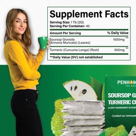 PENHOMENT 2in1 Soursop Tea with Soursop Graviola Leaves and Curcumin Turmeric Root - 40 Tea bags, 2gr/bag - Non-GMO/Caffeine free