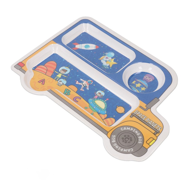 Kids Dinner Plate with Spoon Bamboo Fiber Divided Plates Cartoon