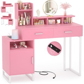 Besiost Vanity Desk, Small Vanity Desk with Power Outlet, Makeup Desk with Drawers and Cabinets, Vanity Set with Storage Shelves for Bedroom, No Mirror, Pink