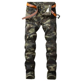 Men's Camo Cargo Moto Biker Denim Jeans Pants with Pocket, Camouflage, 30