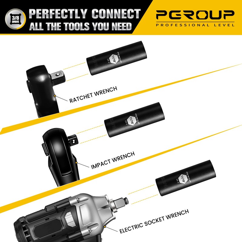 PGROUP 3/8” Drive Deep Impact Socket, SAE(11/16 Inch socket), 6-Point,
