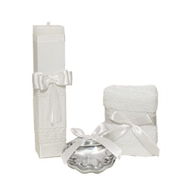 Generic Kit de Bautizo, con concha de Pweter y estuche de madera para niña. Color blanco. Cirio