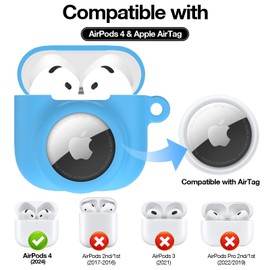 LDSXAY 2 in 1 Silicone Case Compatible with AirPod 4 and AirTag, Shockproof Protective Skin Cover for AirPods 4th Generation with Cleaner Kit & Carabiner (Glow Blue)