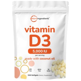 Micro Ingredients Vitamin D3 5,000 IU, 500 Softgels | Virgin Coconut Oil | Cholecalciferol Form | Bone, Immune & Heart Support | Easy to Swallow, Non-GMO