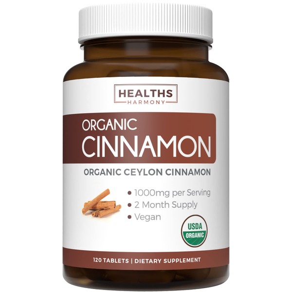 USDA Organic Ceylon Cinnamon (120 Tablets) 1000mg per Serving - Cinnamon Bark Supplement for Natural Support - No Powder, Capsules or Pills