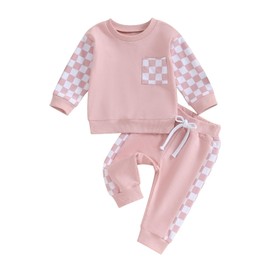 BeQeuewll Baby Girl Clothes Fall Winter Outfits Long Sleeve Sweatsuit Checkboard Sweatshirt and Pants Toddler Infant Clothing (pink, 0-6 Months)