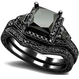 Kingray Jewelry Black Onyx Princess Cut Anniversary Wedding Bridal Ring Set (Black, 5)