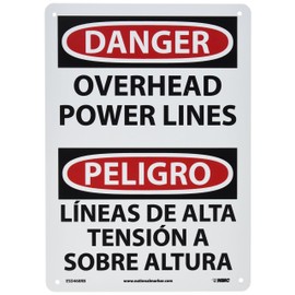 NMC ESD468RB Bilingual OSHA Sign, Legend "DANGER - OVERHEAD POWER LINES", 10" Length x 14" Height, Rigid Plastic, Black/Red on White