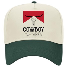 Trenz Shirt Company Women's Embroidered Otto Cap 5 Panel Mid Profile Baseball Cap - Bull Skull, Cowboy Killer Design, Natural/Dark Green