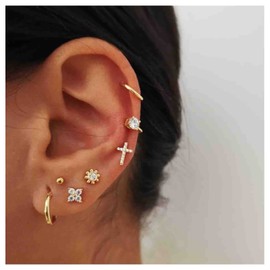 Cimenexe Bohemian Huggie Stud Earrings Paved CZ Cross Stud Earrings Crystal Ear Cuff Earrings Gold Circle Hoop Earrings Flower Earrings Set Jewellery for Women and Girls Gifts