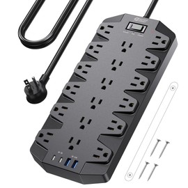 SUPERDANNY Surge Protector Power Strip, SUPERDANNY 18 AC Outlets with 4 USB Ports, 1875W/15A, 2100J, 6.5FT Flat Plug Heavy Duty Extension Cord with Wall Mount Holes for Home, Office, Gaming Room,Dorm, Black