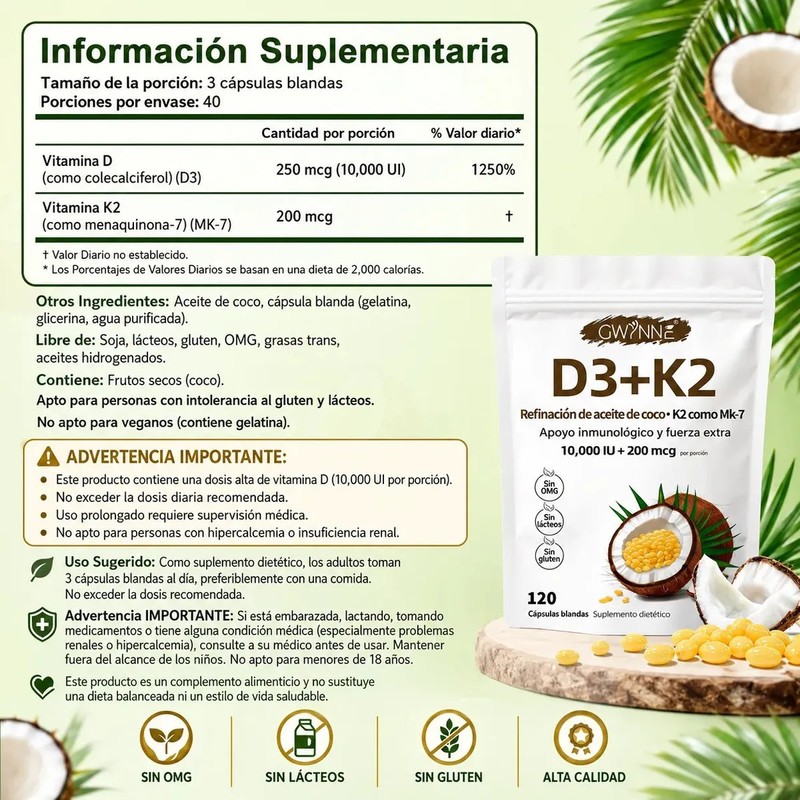 Gwynne Vitamina D3 10.000ui K2 Mk-7 200mcg,120 cápsulas,2 En 1