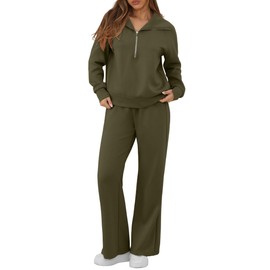 GRECERELLE Tracksuit Womens Full Set Autumn Lounge Wear Sets for Women Activewear Two Piece Outfits Long Sleeve Half Zip Casual Pullover Tops and Jogging Bottoms with Pockets (Army Green, S)