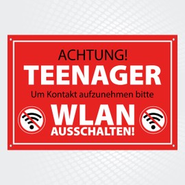 High Quality Sign "Achtung Teenager - WLAN Ausschalten", 300 x 200 mm, Funny Decoration for Teenagers, Ideal for Birthdays, Confirmation, Youth Consecration