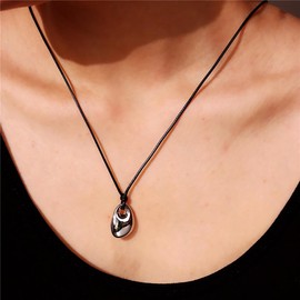 Dainty Oval Bean Pendant Necklace Simple Adjustable Black Leather Rope Collarbone Necklace Statement Jewelry Accessory Presents for Women Men (Silver)