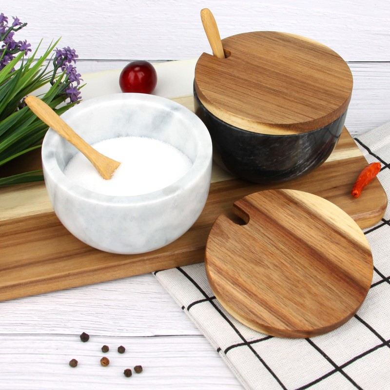 Marble Salt Cellar Box with Wood Lid & Spoon, Modern