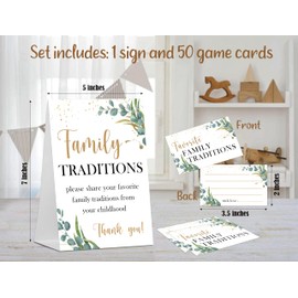 Baby Shower Games Family Traditions Sign, 1 Standing Sign and 50 Cards, Woodland Greenery Gender Neutral Decoration, Gender Reveal Party, Bridal Shower Favor Supplies-LT38