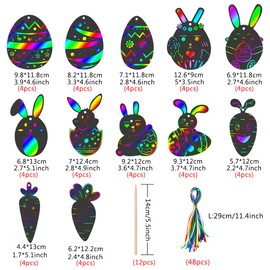 48 Pieces Easter Scratch Pictures for Children, Rainbow Scratch Paper for Crafts with Stencils, Wooden Pens for Adults, Boys, Girls, DIY