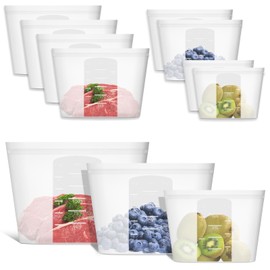 Annaklin Reusable Storage Bag, 8 Pack 100% Silicone Food Storage Bags Stand Up Silicone Zip Lock Bags for Food Container, Freezer Microwave Oven Dishwasher Safe, 4 Large 2 Medium 2 Small, Translucent