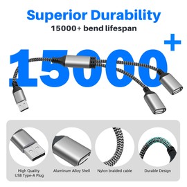 USB Splitter 1-in-2 Out Y-Adapter Cable 2Feet, USB-A Male to Double 2 Female OTG Extension Cord, Dual USB Type-A Port Connector Extender Hub,Data Charger Power Split for Car, Laptop, Keyboard, Mouse