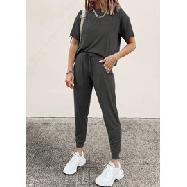 PRETTYGARDEN Women's Two Piece Lounge Sets 2025 Spring Summer Jogger Pants Vacation Outfits Travel Airplane Matching Clothes (Dark Grey,Small)