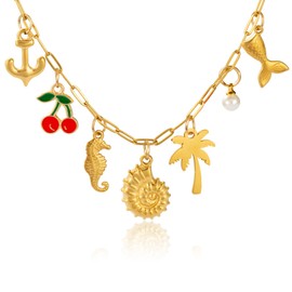 Charm Necklace for Women, 14K Gold Plated Paperclip Link with Dainty Ocean Elements. Shell Pearl Mermaid Seahorse Cherries Multi-Pendant Necklace (Gold)