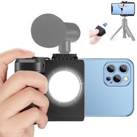 WEWOGA Smartphone Camera Closure CapGrip Selfie Phone Tripod Mount Camera Handle Tripod Handle with Light 1/4 Inch Cold Shoe Removable Wireless Remote Control Compatible for Smartphone