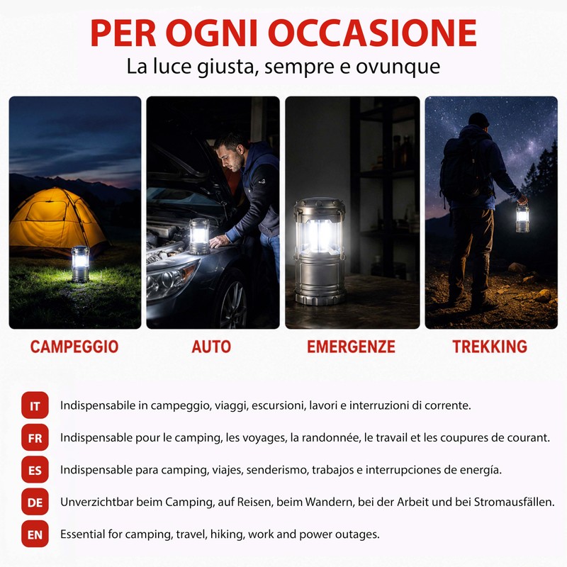Lanterna da Campeggio LED 200 lumen Estraibile, Compact, Appendibile, Super