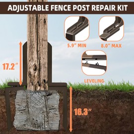 K.D STONEDGE Pack of 1 Adjustable Fence Post Repair Kit Quick Fix Rotted Tilted Broken Leaning Wood Posts Support Easy Solution Heavy Duty Steel Wooden Fence Post Anchor Stakes