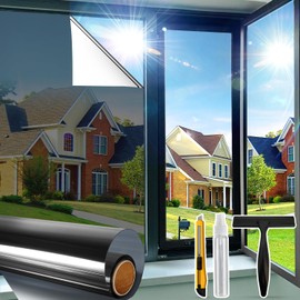 Window Privacy Film See Out Not in, One Way Privacy Window Film, Removable Window Tint for Home, Reflective Static Cling Window Film Heat Blocking, Black Silver, 17.5 X 78.7 inch