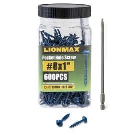 LIONMAX Pocket Hole Screws 1 Inch, 600 PCS Exterior Pocket Screw #8 x 1, Coarse Thread, Square Drive, Blue Coated Weather Resistant Pocket Hole Screws, 150MM Drive Bit Included