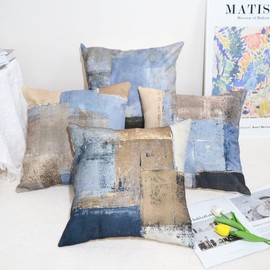 QUALKNOY Set of 4 Cushion Covers 18"x18" Navy Blue Brown Modern Abstract Art Boho Decorative Throw Pillow cases 45 x 45cm for Sofa Living Room Garden Outdoor Home Decor Pillowcases