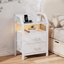 HLDIRECT Nightstand with Charging Station, USB Ports and AC Outlets, LED Night Stand with 2 Fabric Drawers & Storage Shelf, Bedside Table for Bedroom, End Table (White)