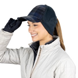 Women's Winter Ponytail Hat | Trucker Hat with Drop Down Ear Warmers - Blue Plaid