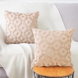 MADIZZ Set of 2 Khaki Plush Short Wool Throw Pillow Covers 26x26 Inch Square Super Soft Cozy Decorative Velvet Cushion Cover for Sofa Bedroom Livingroom Pillow Shell