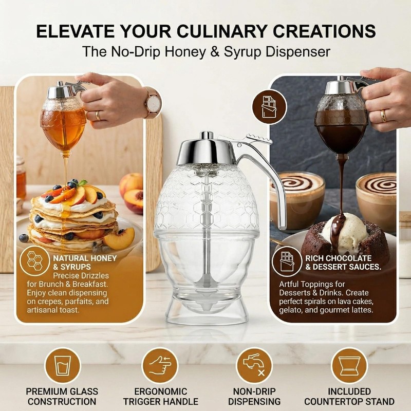 Glass Honey Dispenser No Drip with Stand, Glass Honey Jar,