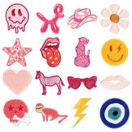 Kirako 16Pcs Pink Preppy Iron on Patches Western Cowgirl Smile Lightning Bolt Sew on Embroidered Applique Decorative Repair Patch Aesthetic DIY Craft Accessories for Women Girls Clothing Backpack Hat