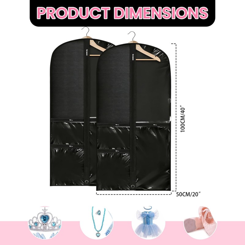 2 Pack Dance Costume Bags with 3 Transparent Zipper Pockets,