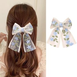 LLAOIMB Flower Hair Bows White Hair Bow Lace Hair Bows Clip with Blue Embroidered Flowers Leaf Cute Bowknots Hair Barrettes Exquisite Long Ponytail Hair Clips Floral Ribbon Hair Accessories for Women