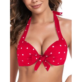 RELLECIGA Women's Red Polka Dot Push Up Bikini Top Knot Front Underwire Bathing Suit Size Large