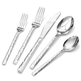 KINGSTONE 20 Piece Hammered Silverware Set, 18/10 Stainless Steel Flatware Set for 4, Cutlery Set for Home, Party, Wedding, Mirror Polished Dishwasher Safe