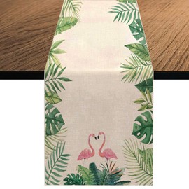 Summer Flamingo Table Runner,Seasonal Spring Summer Green Plants Holiday Kitchen Dining Table Decoration for Home Party Decor 13 x 90 Inch