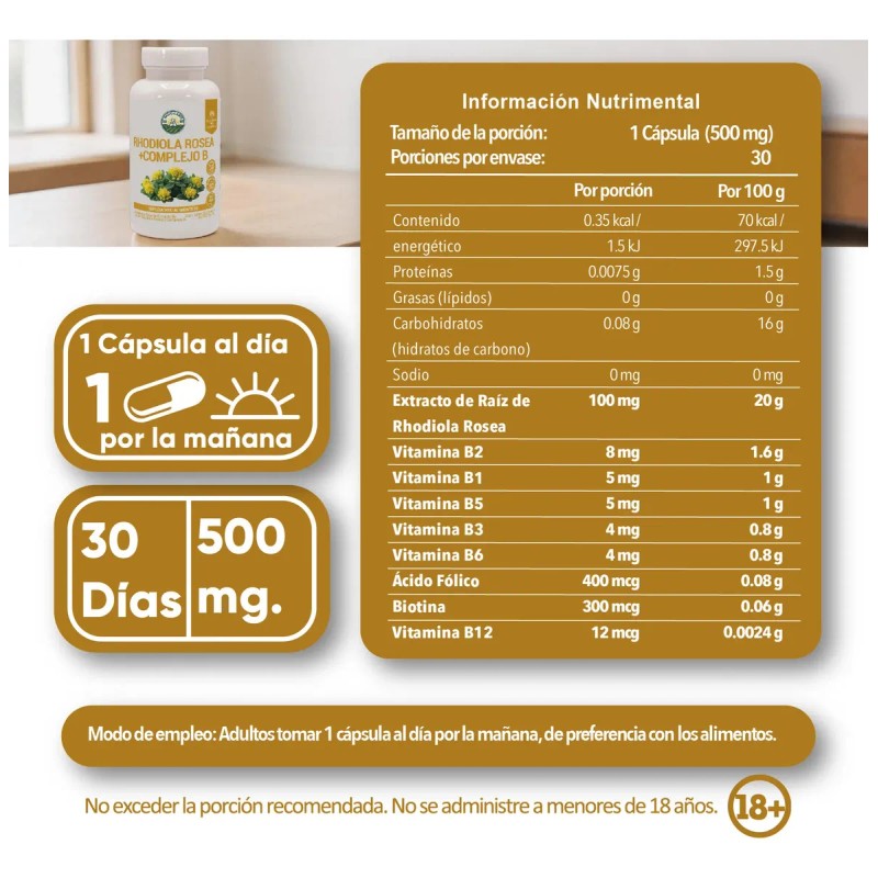 Rhodiola Rosea Complejo Cápsulas 500 Veganas Pasiguaro Energía