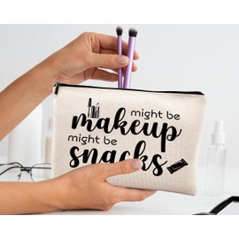 kdqua Novelty Cute Makeup Bag, Funny Quotes Might Be Makeup Might Be Snacks Linen Cosmetic Bag Zipper Pouch Travel Organizer Toiletry Bag, Humor Gift for Woman, Female Friend Birthday Gift Ideas