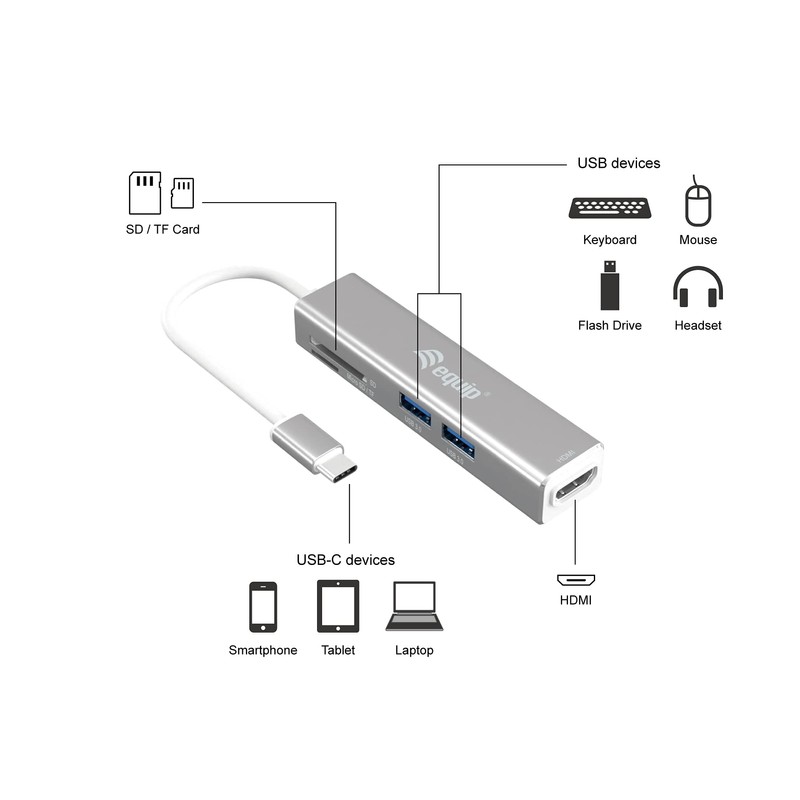 Equip 133480 Adapter USB-C/ 5-in-1 USB-C Multifunctional Adapter/HDMI/2xUSB3.0/SD/4K30Hz/0.15m/Silver