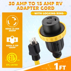 Kanayu 1ft 30 Amp to 15 Amp 110 Volt RV Adapter Cord Compatible with NEMA 5-15P to L5-30R, 3 Prong Locking RV Power Adapter 15A Household Male to 30A RV Female for RV Trailer Camper